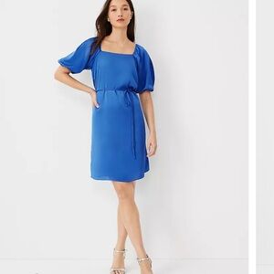 New Ann Taylor Royal Blue Midi Dress with Puff Sleeves